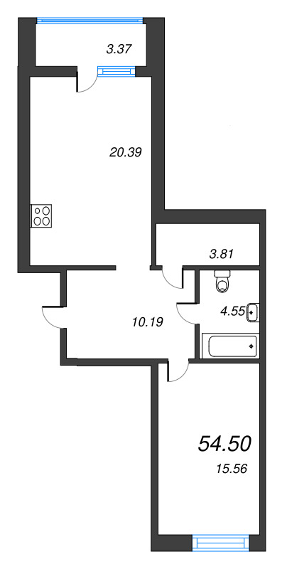 2-комнатная (Евро) квартира, 54.5 м² - планировка, фото №1