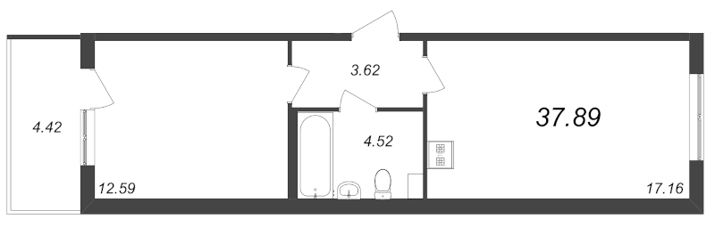 2-комнатная (Евро) квартира, 37.89 м² - планировка, фото №1