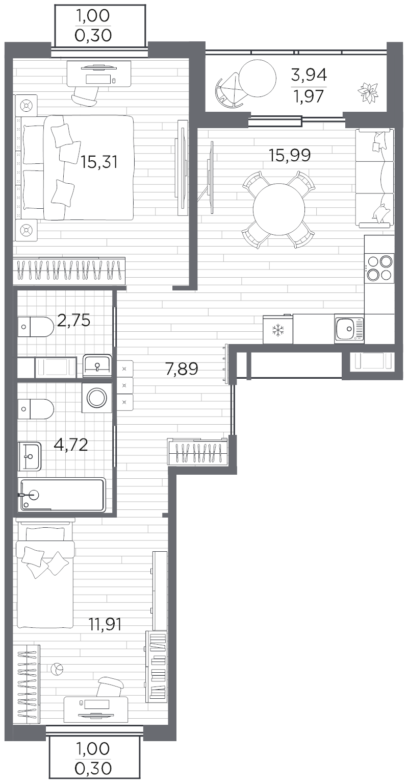 3-комнатная (Евро) квартира, 61.14 м² в ЖК "PLUS Пулковский" - планировка, фото №1