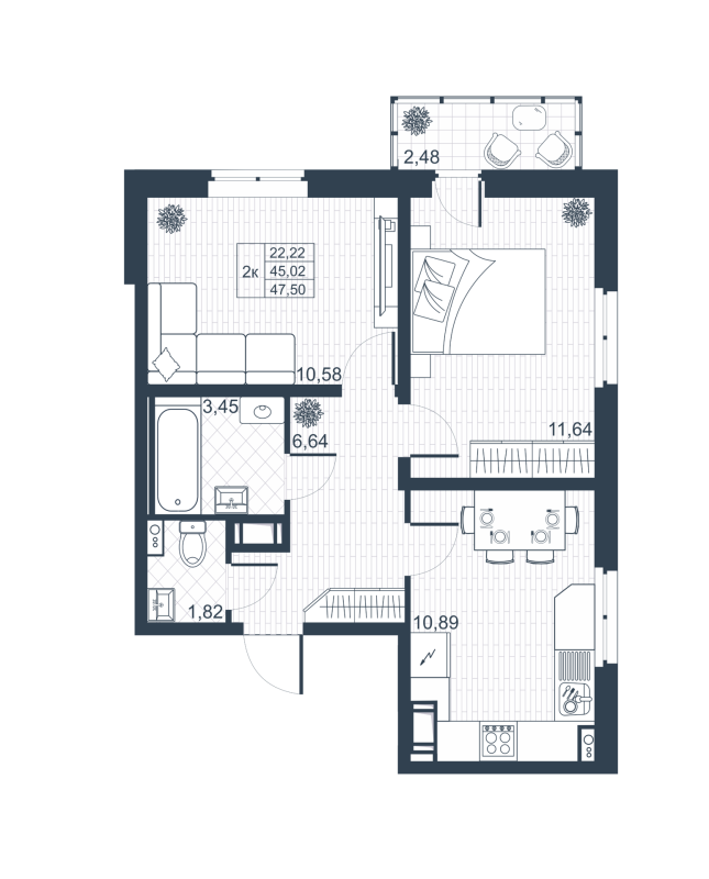 2-комнатная квартира, 45.76 м² - планировка, фото №1