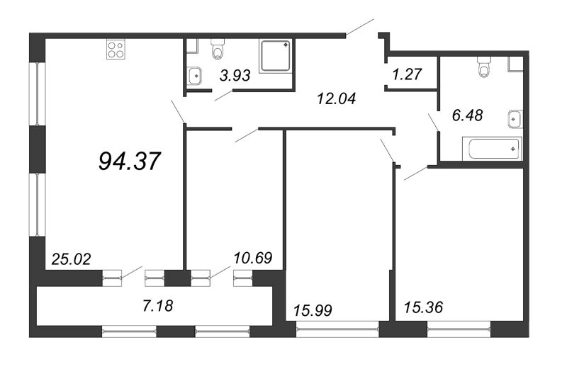 4-комнатная (Евро) квартира, 94.37 м² - планировка, фото №1