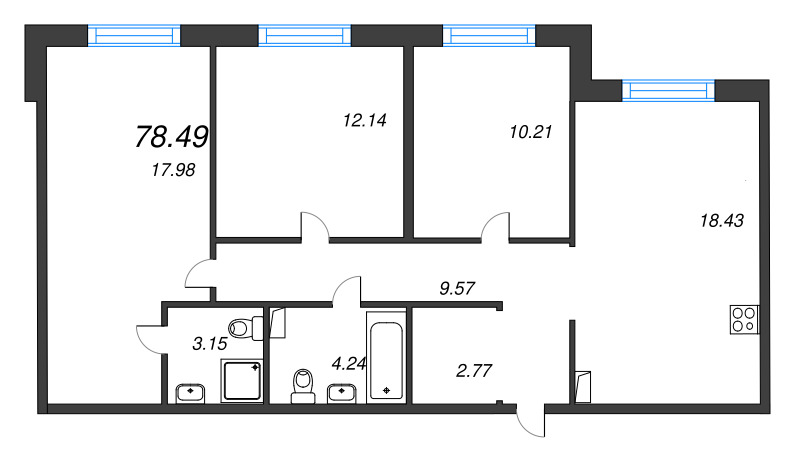 4-комнатная (Евро) квартира, 78.49 м² в ЖК "Арт Парк" - планировка, фото №1