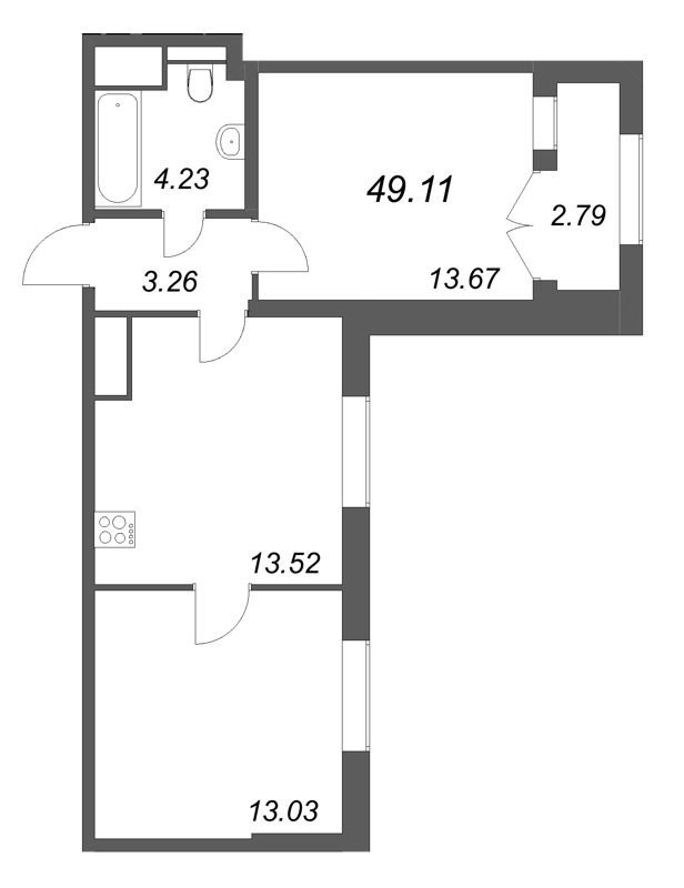 2-комнатная квартира, 49.11 м² в ЖК "Цивилизация на неве" - планировка, фото №1