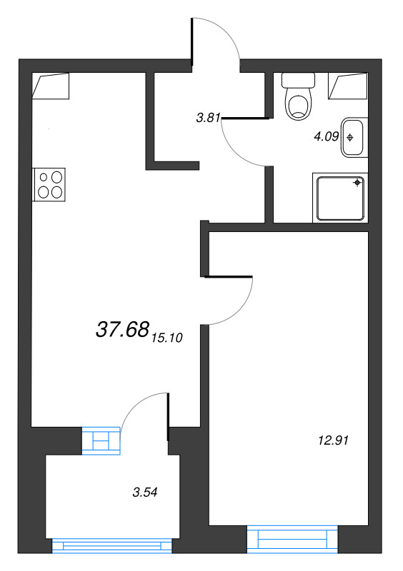 2-комнатная (Евро) квартира, 37.68 м² в ЖК "Тишин" - планировка, фото №1