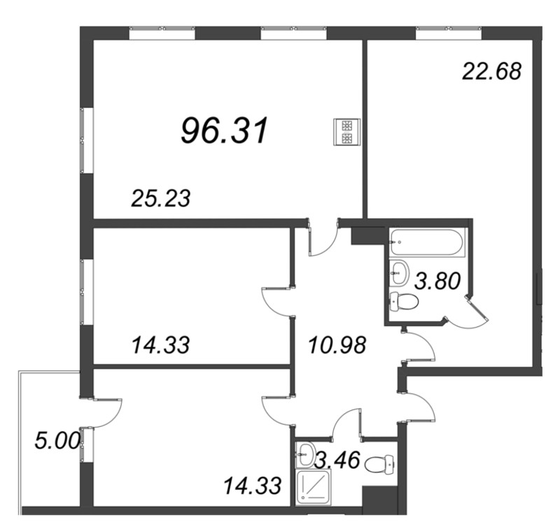 4-комнатная (Евро) квартира, 96.31 м² - планировка, фото №1