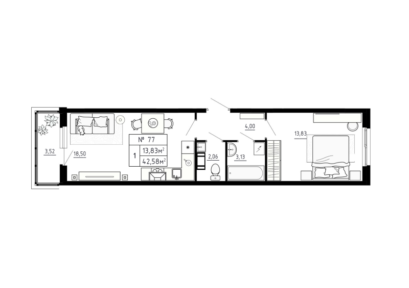 2-комнатная (Евро) квартира, 42.58 м² в ЖК "Аннино Сити" - планировка, фото №1