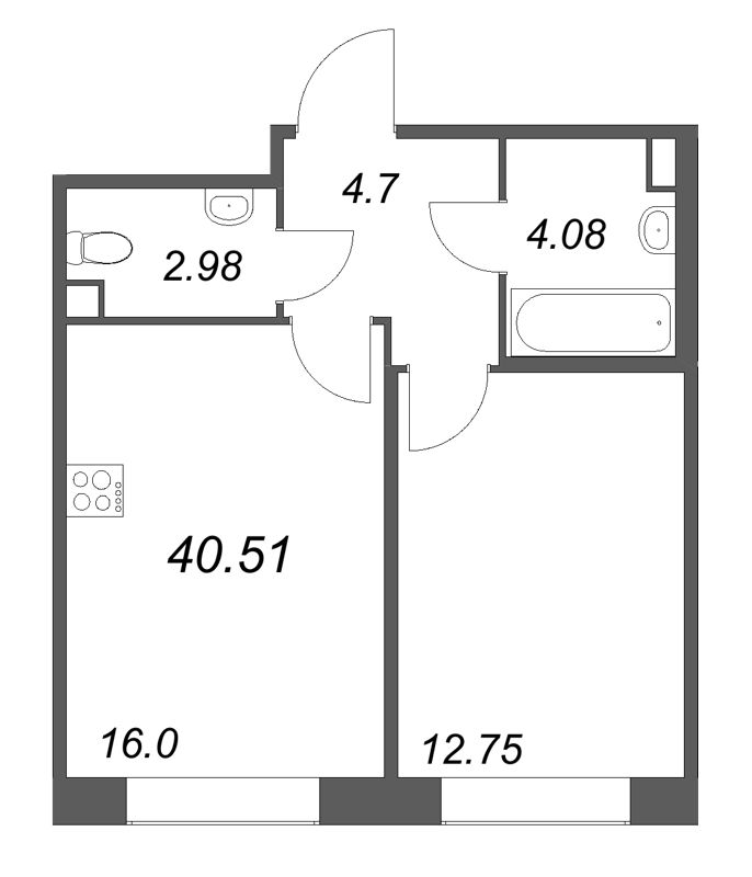 2-комнатная (Евро) квартира, 40.51 м² в ЖК "Дом на Курской" - планировка, фото №1