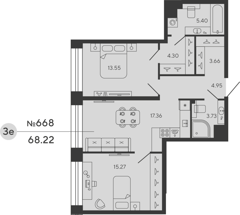 3-комнатная (Евро) квартира, 68.22 м² в ЖК "Bashni Element" - планировка, фото №1