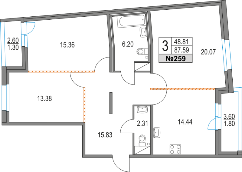 3-комнатная квартира, 87.59 м² в ЖК "Приморский квартал" - планировка, фото №1