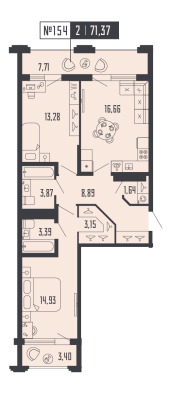 3-комнатная (Евро) квартира, 71.37 м² в ЖК "Shepilevskiy" - планировка, фото №1