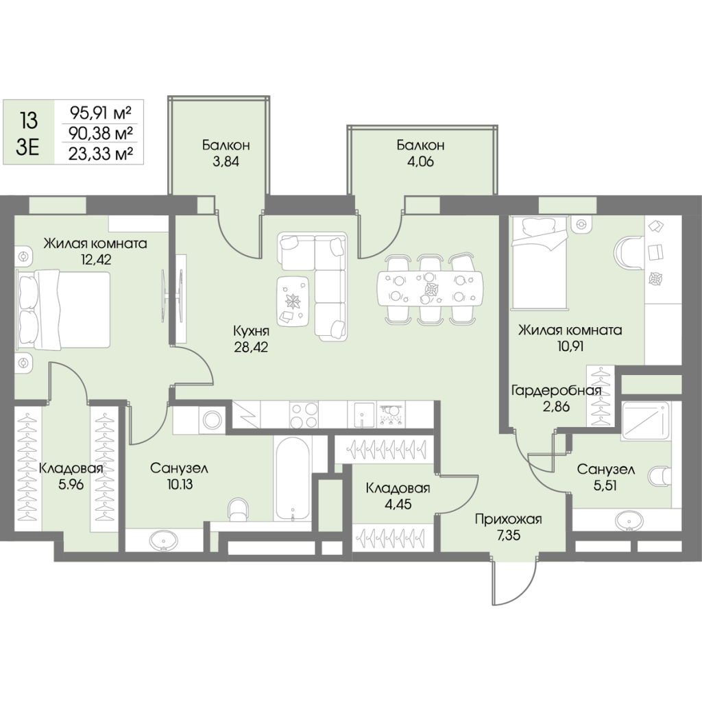 3-комнатная (Евро) квартира, 90.38 м² в ЖК "Рощино Residence" - планировка, фото №1
