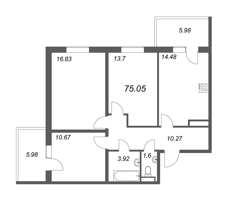 3-комнатная квартира, 71.47 м² - планировка, фото №1