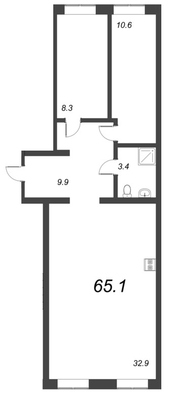 2-комнатная (Евро) квартира, 65.1 м² - планировка, фото №1