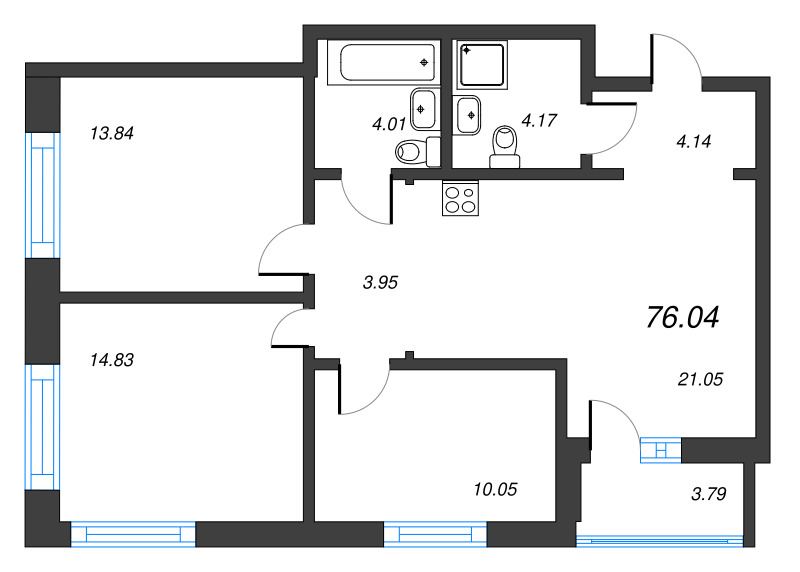 3-комнатная квартира, 76.04 м² - планировка, фото №1