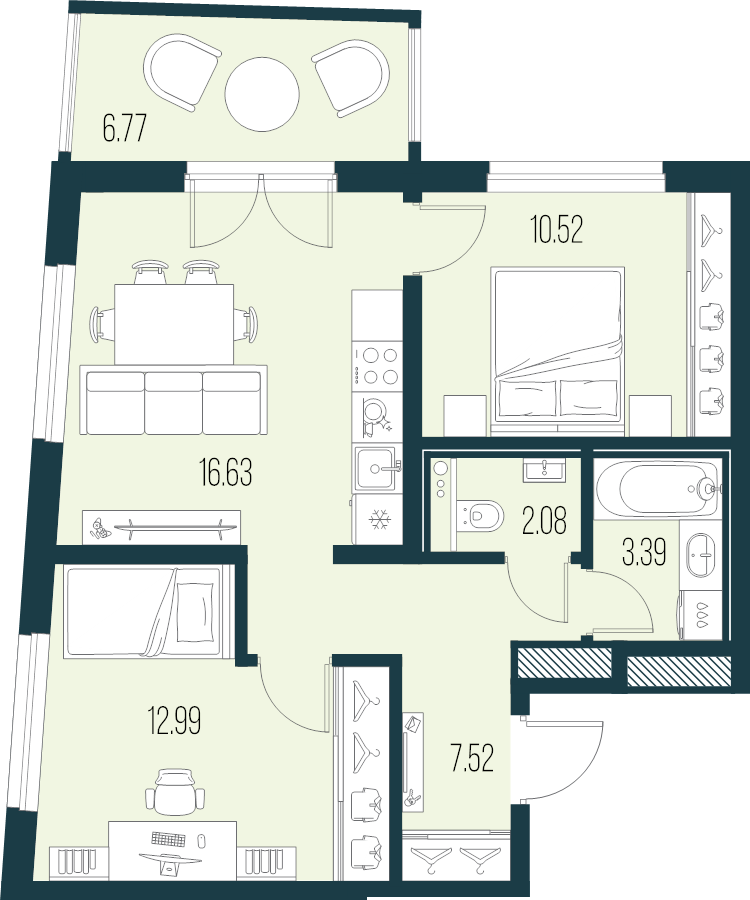 3-комнатная (Евро) квартира, 53.13 м² в ЖК "Новая Земля" - планировка, фото №1
