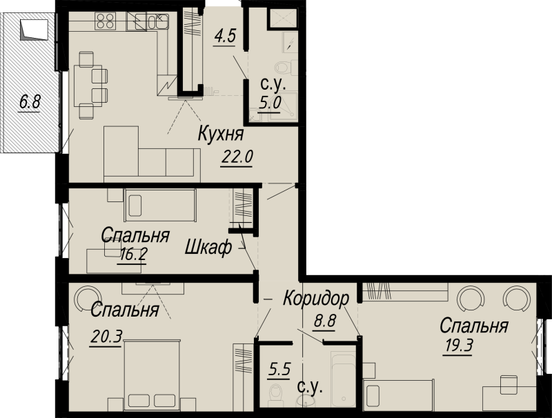 3-комнатная квартира, 106 м² - планировка, фото №1