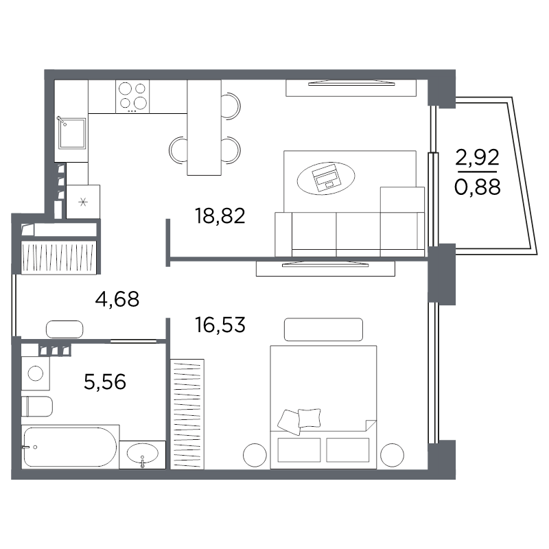 2-комнатная (Евро) квартира, 46.47 м² в ЖК "Акватория" - планировка, фото №1