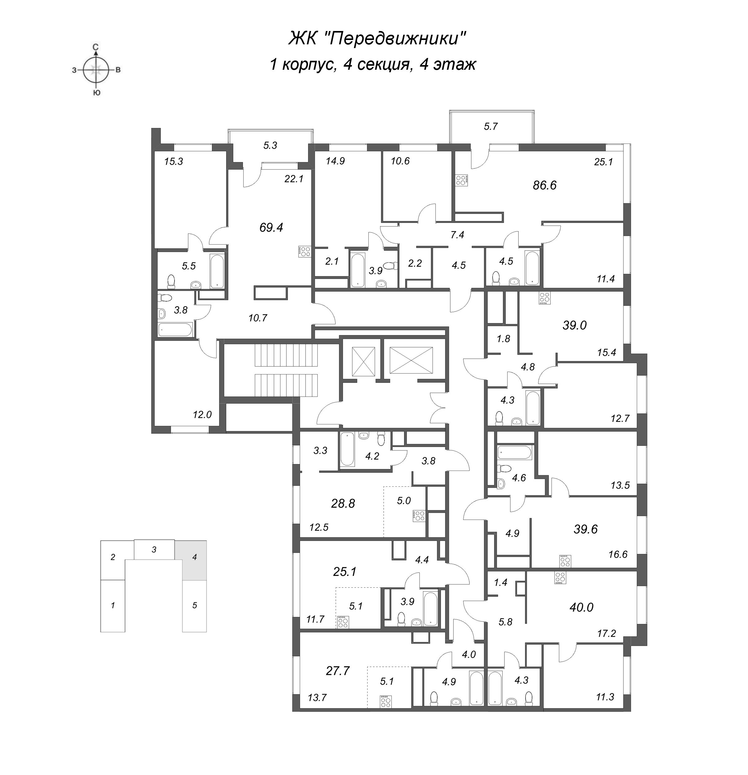 Квартира-студия, 27.7 м² в ЖК "Передвижники" - планировка этажа