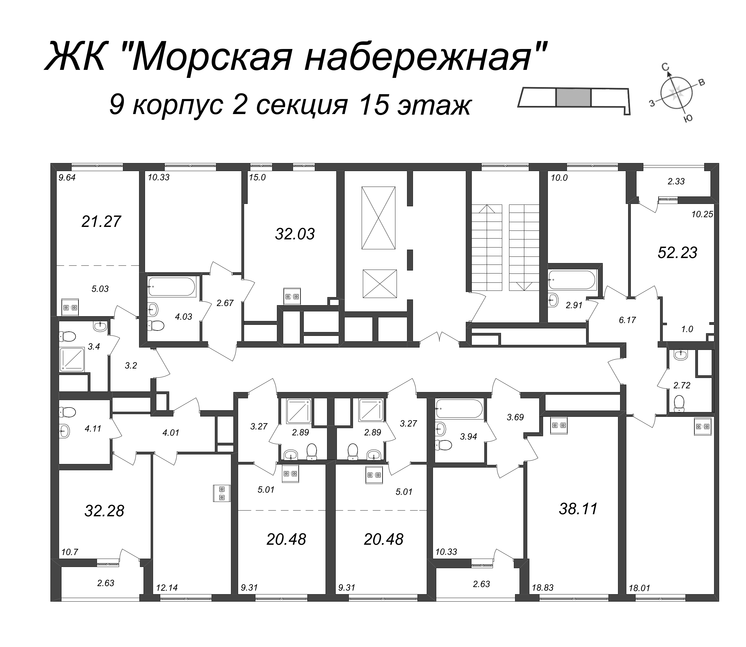 2-комнатная (Евро) квартира, 38.11 м² - планировка этажа