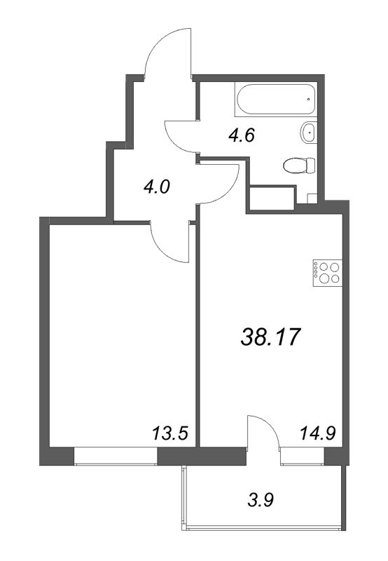 1-комнатная квартира, 38.17 м² в ЖК "Аквилон Янино" - планировка, фото №1