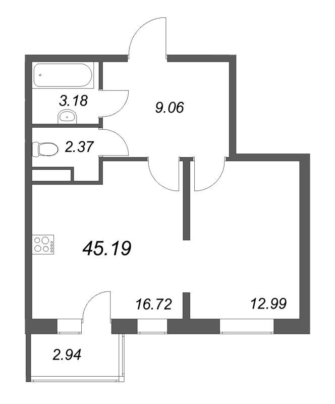 2-комнатная (Евро) квартира, 45.19 м² в ЖК "Новая история" - планировка, фото №1