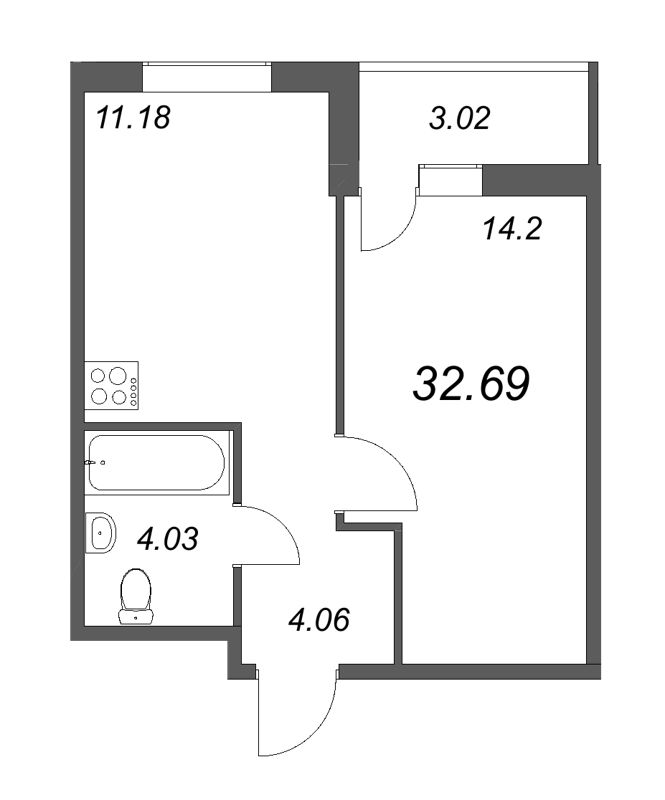 1-комнатная квартира, 32.69 м² - планировка, фото №1