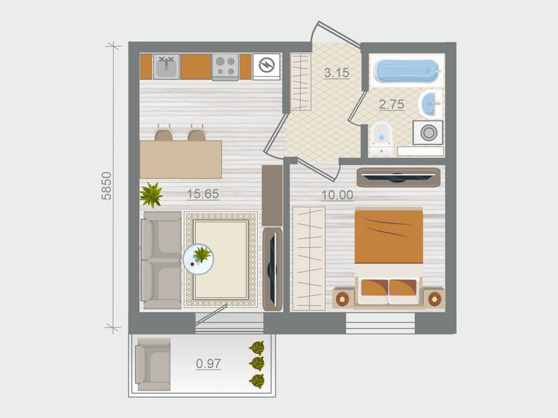 2-комнатная (Евро) квартира, 32.52 м² в ЖК "Эко Квартал Гармония" - планировка, фото №1