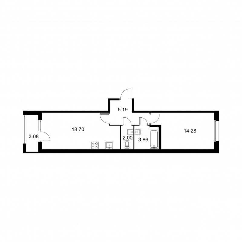 2-комнатная (Евро) квартира, 45.57 м² - планировка, фото №1