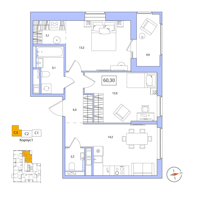 2-комнатная квартира, 60.3 м² - планировка, фото №1