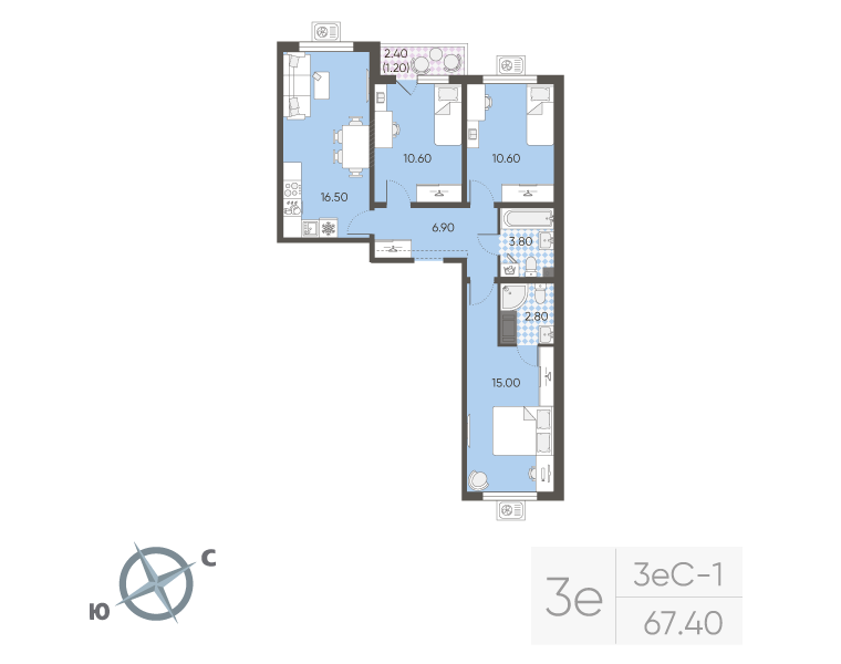 4-комнатная (Евро) квартира, 67.4 м² в ЖК "Ручьи" - планировка, фото №1