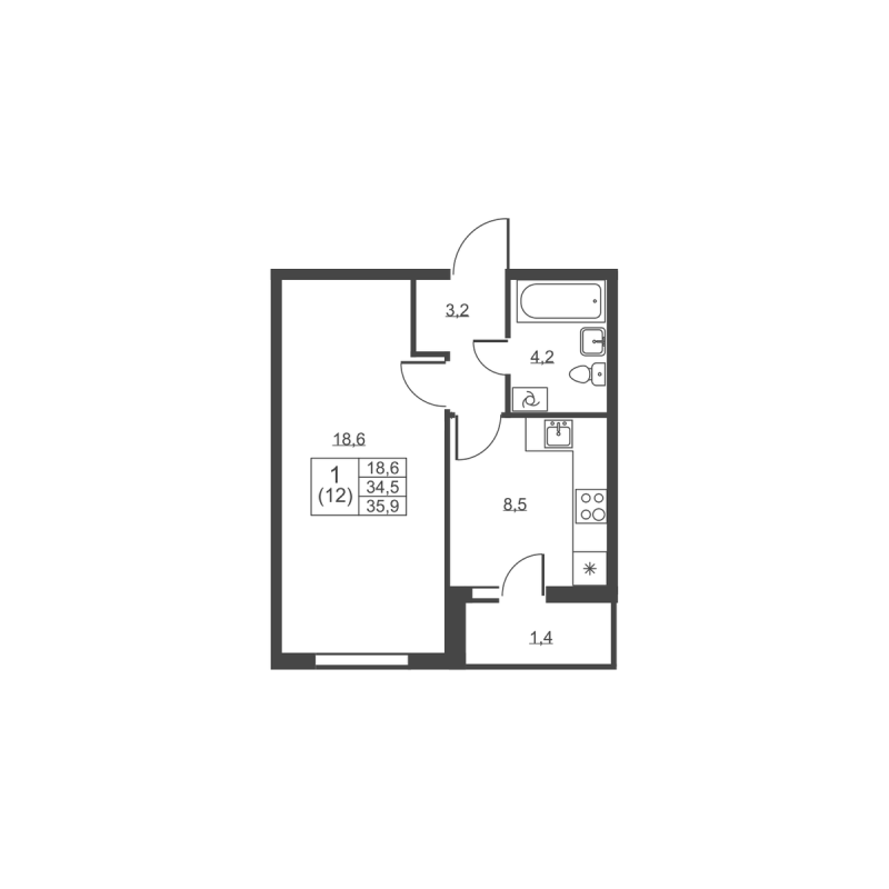 1-комнатная квартира, 35.9 м² - планировка, фото №1