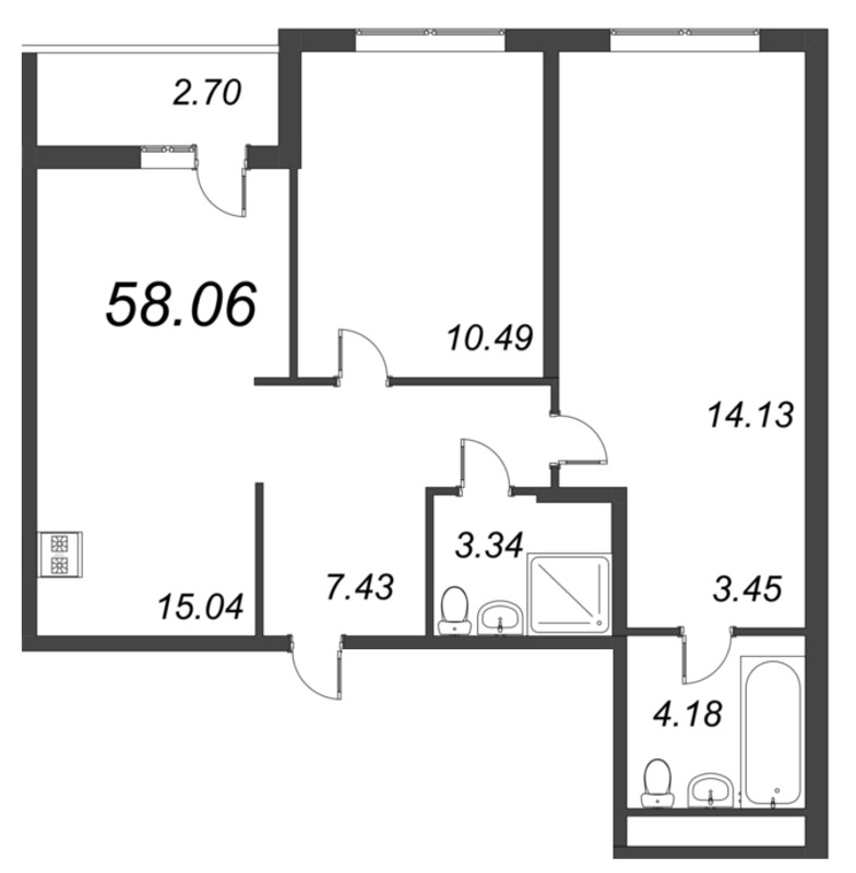 3-комнатная (Евро) квартира, 54.5 м² - планировка, фото №1