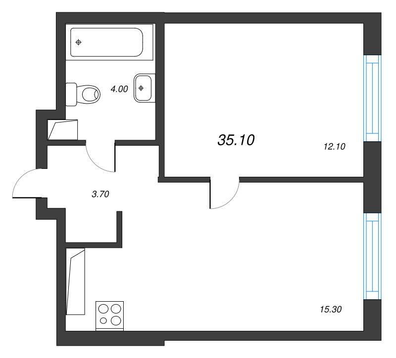 2-комнатная (Евро) квартира, 35.1 м² в ЖК "Струны" - планировка, фото №1