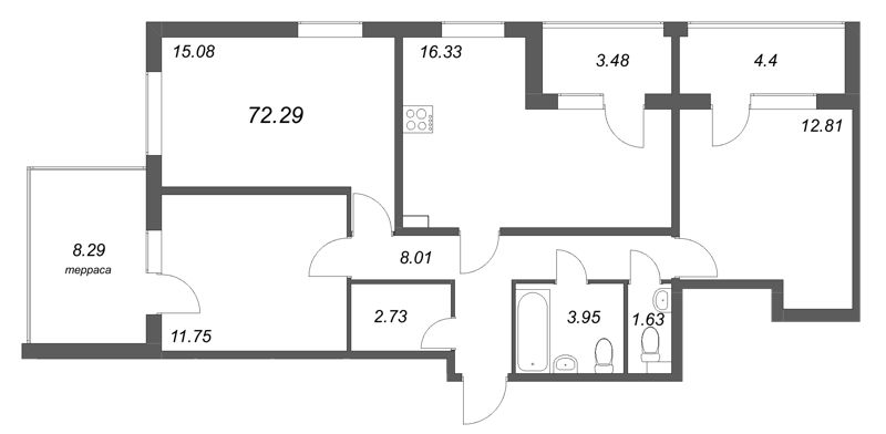 4-комнатная (Евро) квартира, 72.29 м² в ЖК "Любоград" - планировка, фото №1