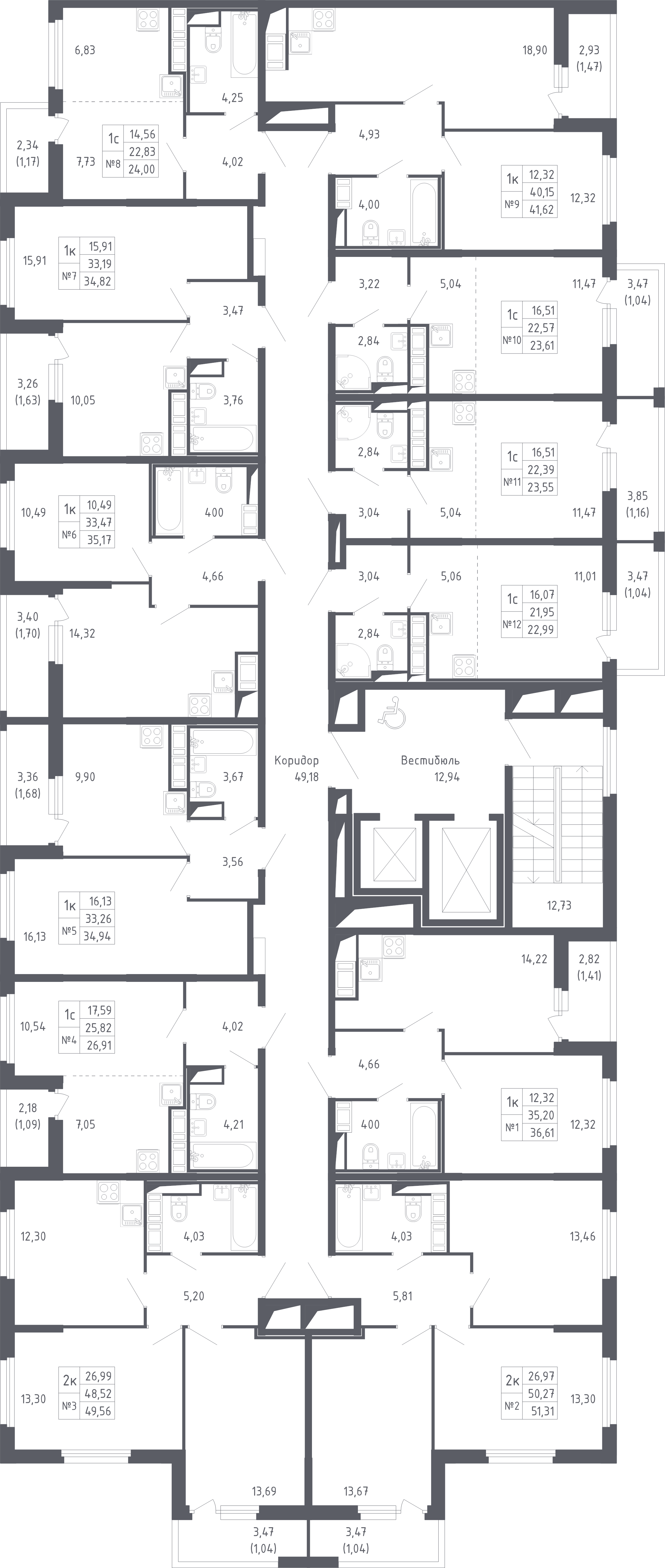 2-комнатная квартира, 49.56 м² - планировка этажа