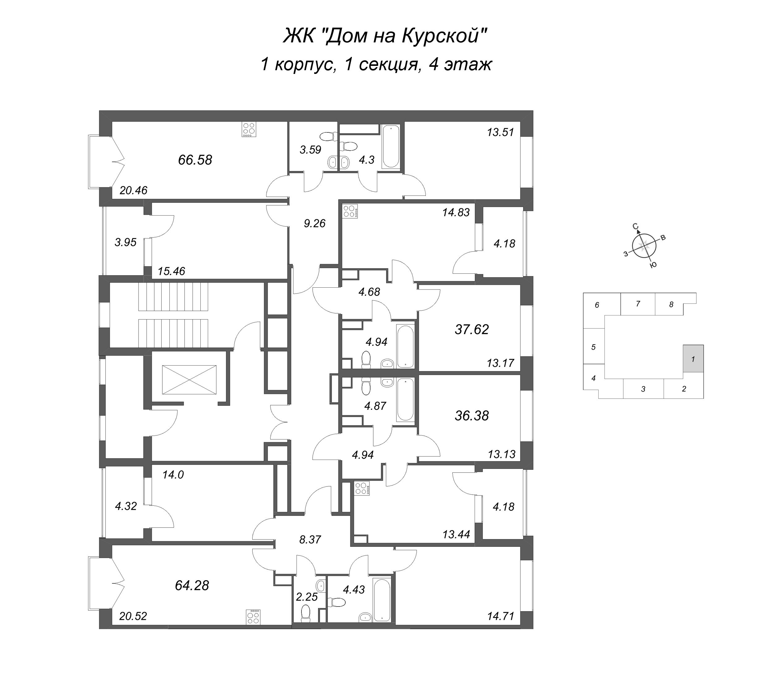 1-комнатная квартира, 36.38 м² в ЖК "Дом на Курской" - планировка этажа