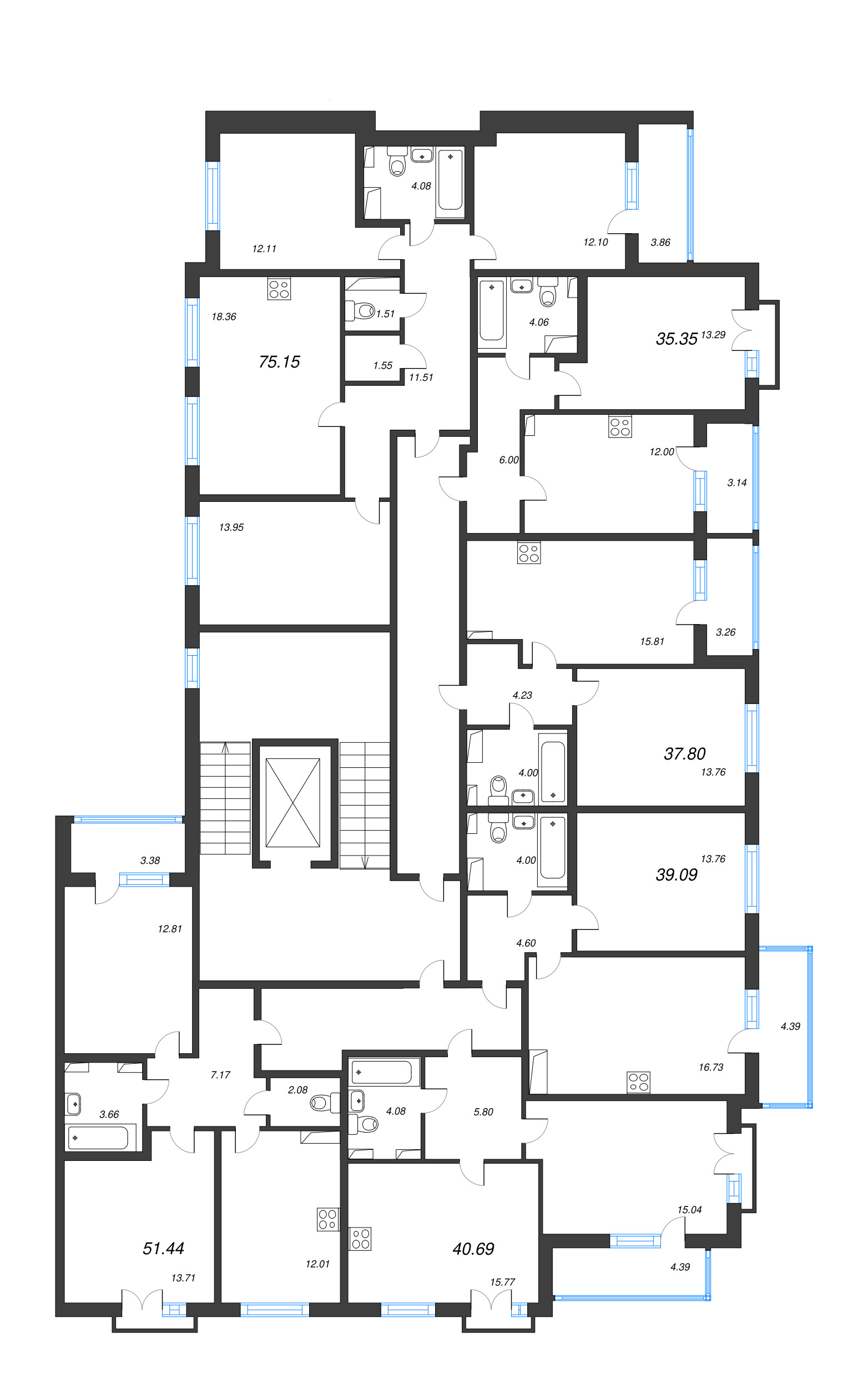 2-комнатная (Евро) квартира, 37.8 м² - планировка этажа