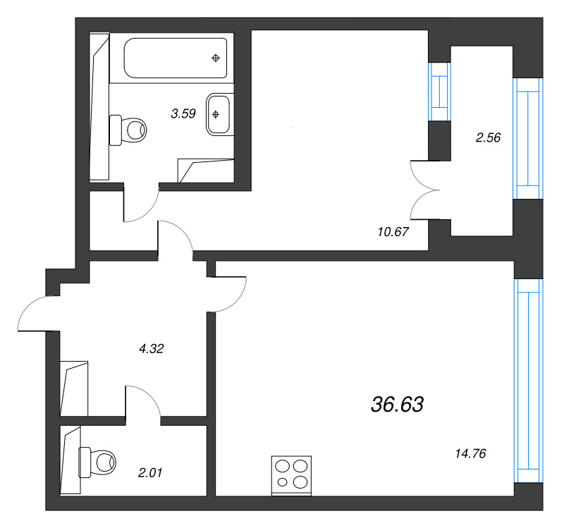 1-комнатная квартира, 36.63 м² в ЖК "Цивилизация на неве" - планировка, фото №1