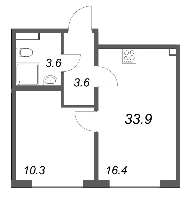 2-комнатная (Евро) квартира, 33.9 м² - планировка, фото №1