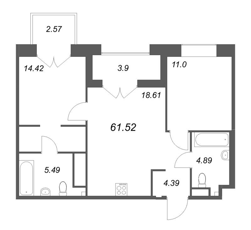 3-комнатная (Евро) квартира, 61.52 м² в ЖК "Ранта Резиденс" - планировка, фото №1