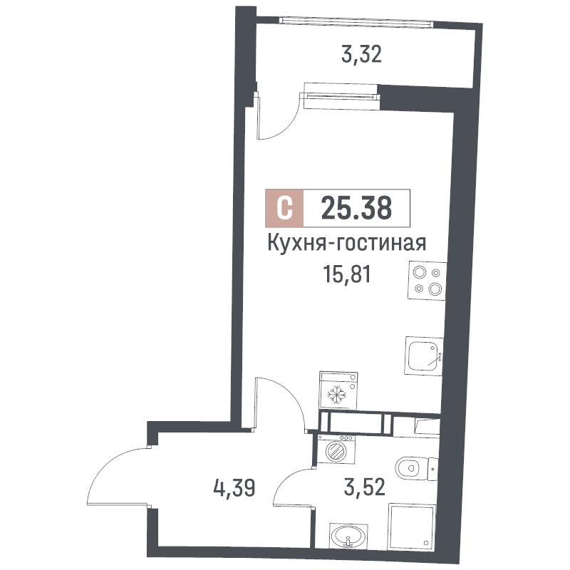 Квартира-студия, 25.38 м² в ЖК "Авиатор" - планировка, фото №1