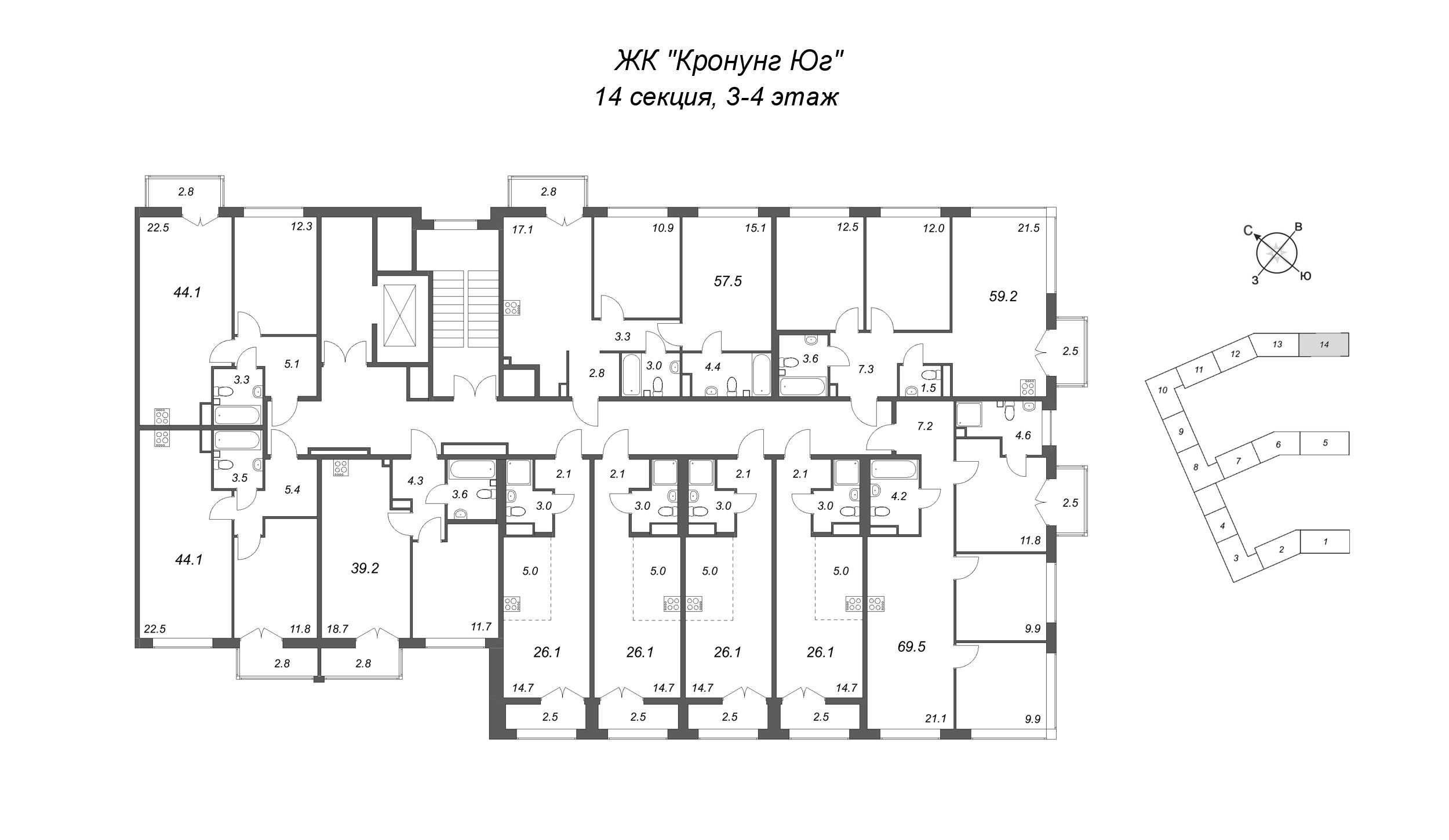 Квартира-студия, 26.1 м² в ЖК "Кронунг ЮГ" - планировка этажа