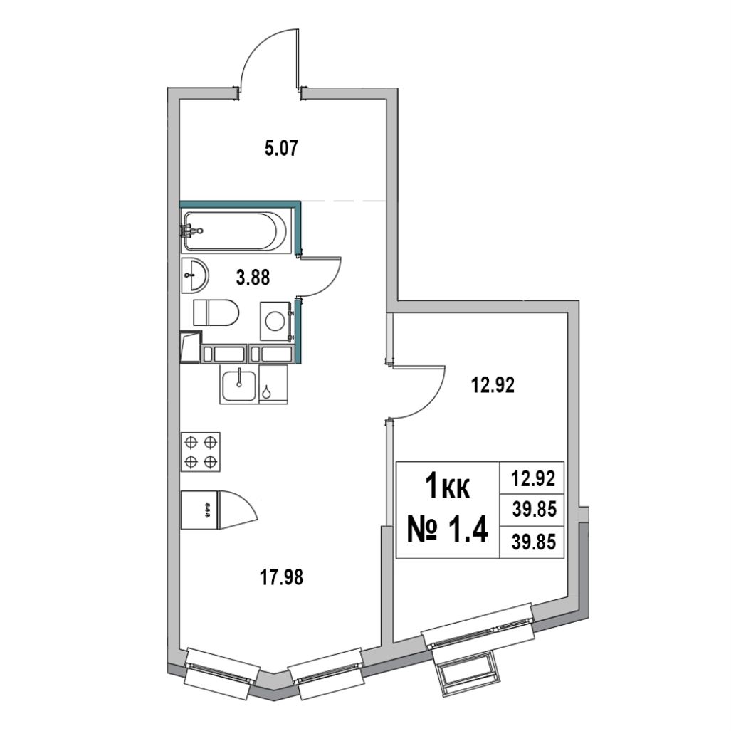 2-комнатная (Евро) квартира, 39.85 м² в ЖК "Новый Город" - планировка, фото №1