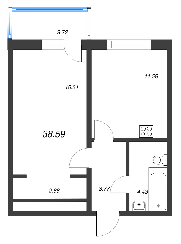 1-комнатная квартира, 38.59 м² - планировка, фото №1