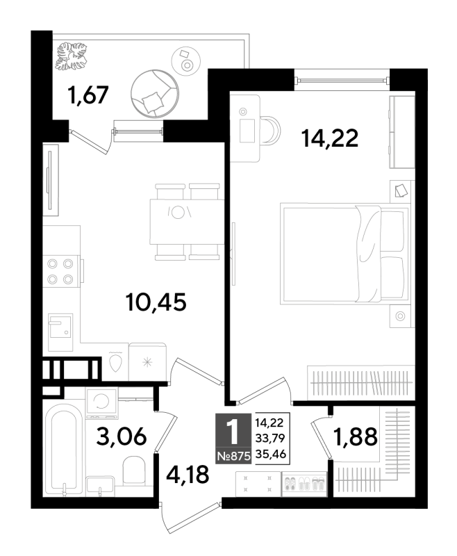 1-комнатная квартира, 35.35 м² в ЖК "Догма Юкки" - планировка, фото №1