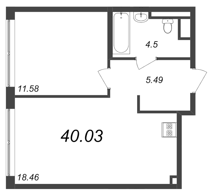 2-комнатная (Евро) квартира, 40.03 м² - планировка, фото №1