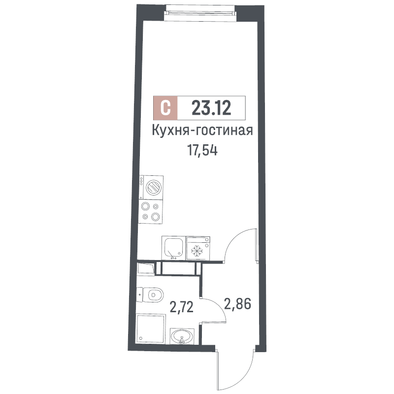 Квартира-студия, 23.12 м² в ЖК "Авиатор" - планировка, фото №1