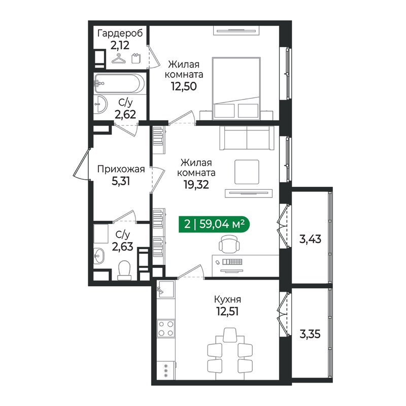 2-комнатная квартира, 59.04 м² в ЖК "Сертолово Парк" - планировка, фото №1