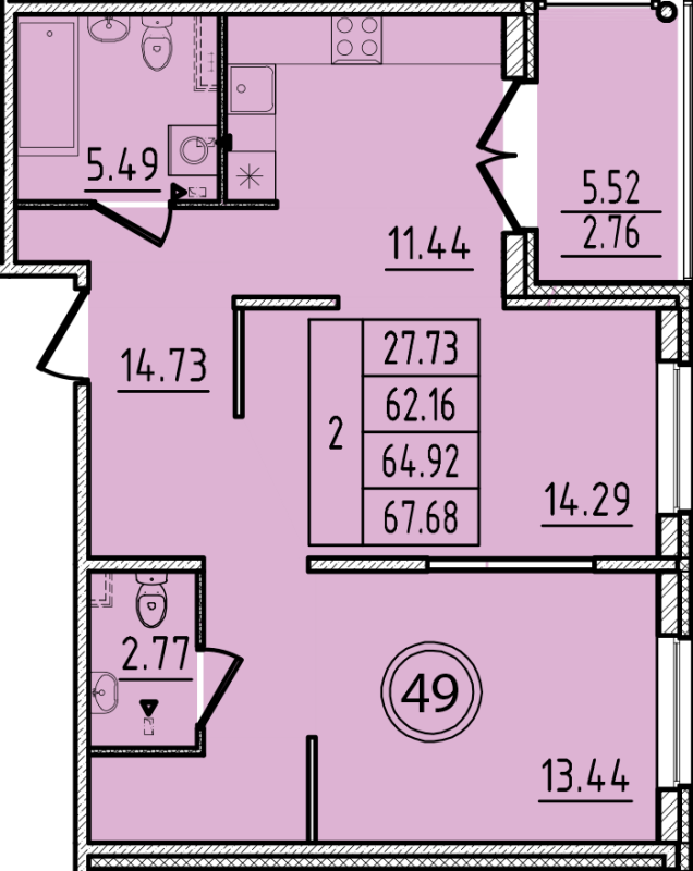 2-комнатная квартира, 62.16 м² - планировка, фото №1
