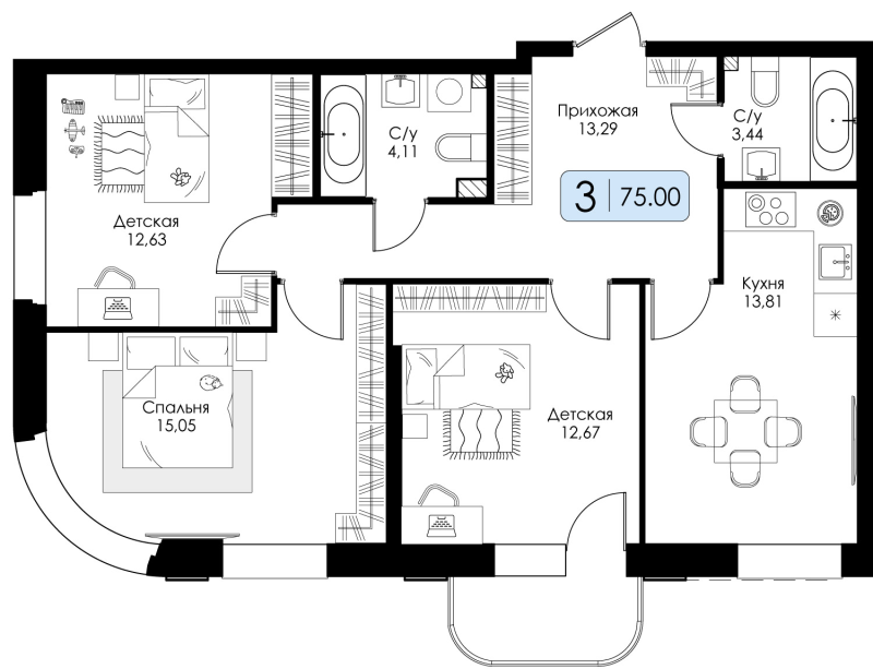 3-комнатная квартира, 75 м² в ЖК "Всевгород" - планировка, фото №1